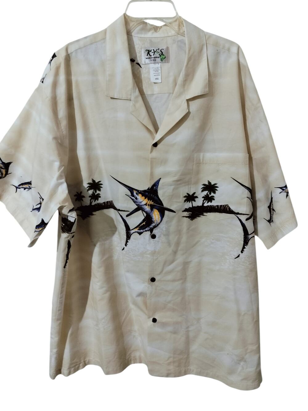 M1264) KY's Marlin-Island Chest Band Button Up Hawaiian Shirt 4XL